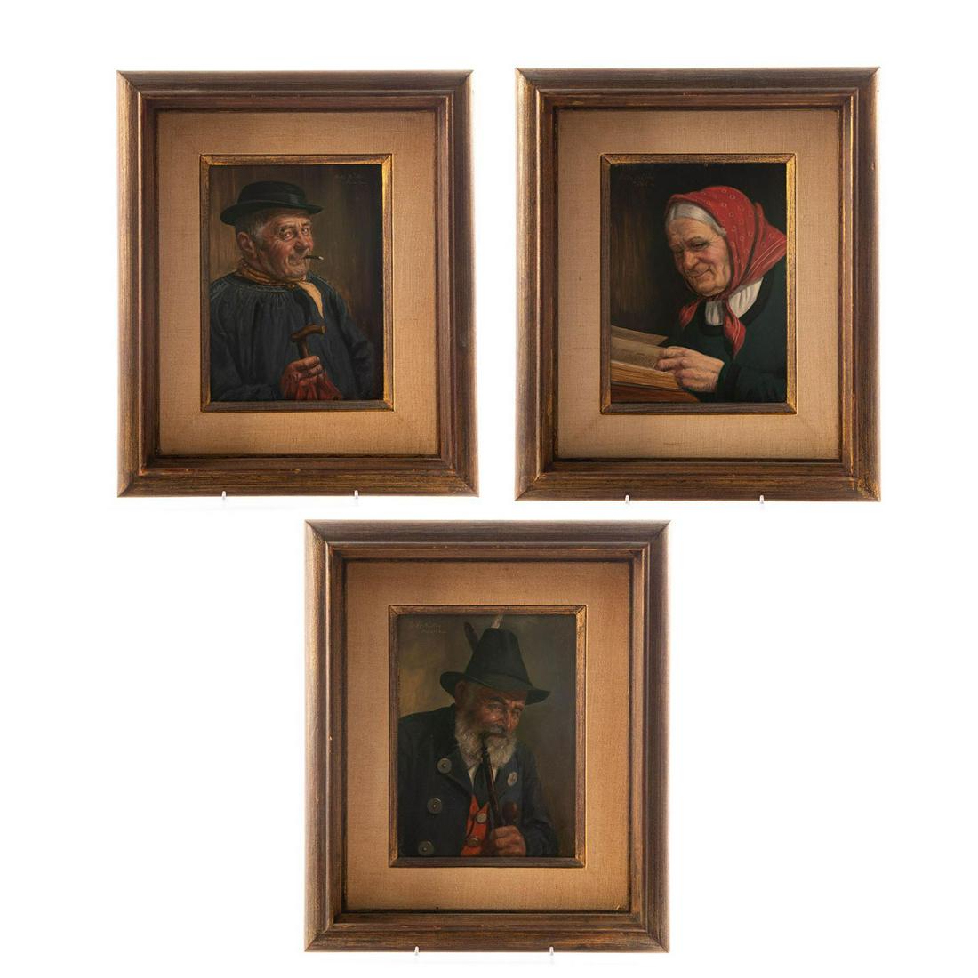 3 FRITZ MULLER MUNCHEN OIL PAINTINGS, SIGNED: Portrait paintings on board; exquisite detail and realism; framed. Portraits of a pipe smoker, an old lady reading and seated man with an umbrella. All pieces signed by German artist. Artist: Fritz Mu