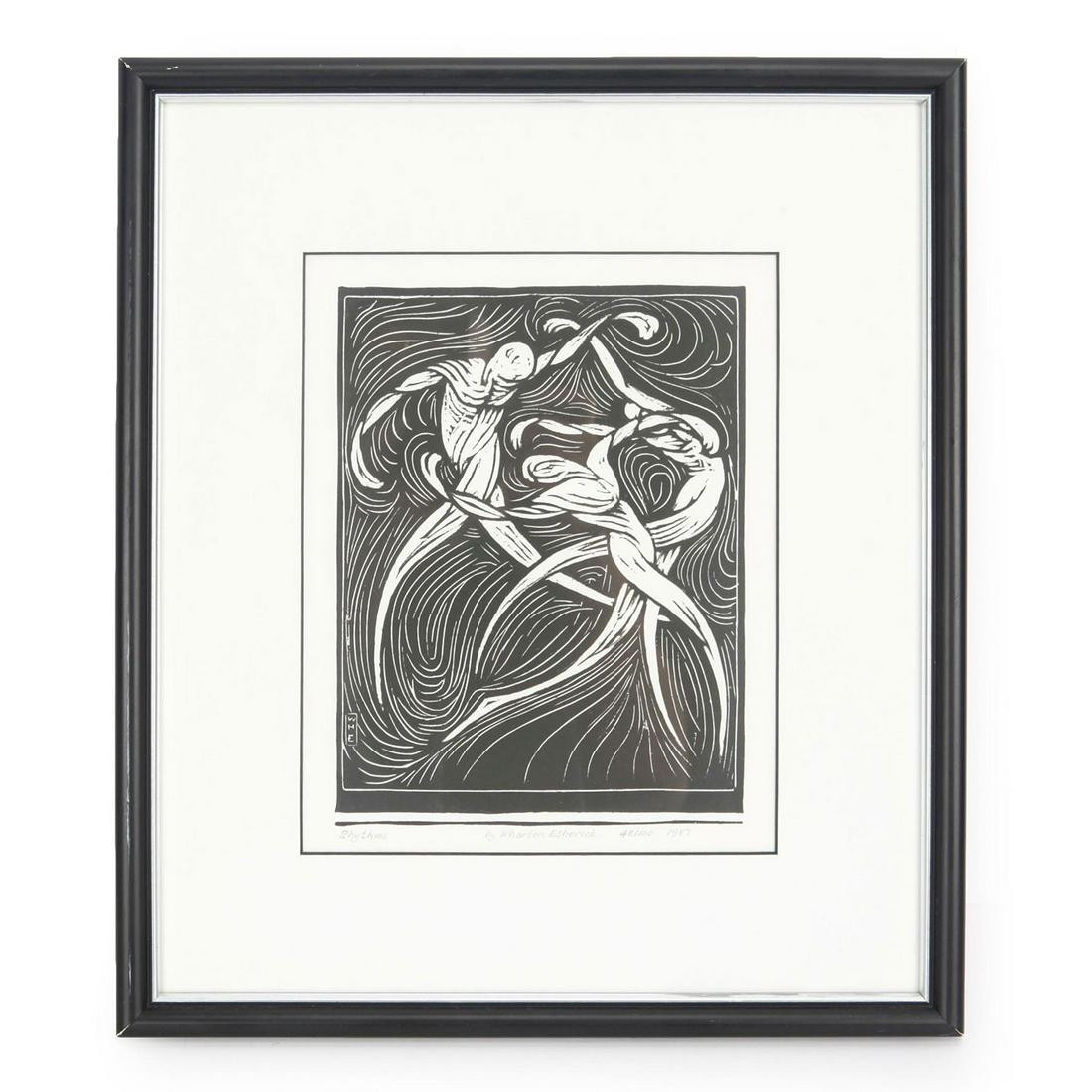 WOODCUT BY WHARTON ESCHERICK " RHYTHM": Signature Woodcut "Rhythm" by Wharton Escherick. Circa 1987 48/100 Pencil titled and editioned Artist: Esherick Issued: 1987 Dimensions: 8 5/8" x 6 9/16" Edition Number: 48 Edition Size: 100