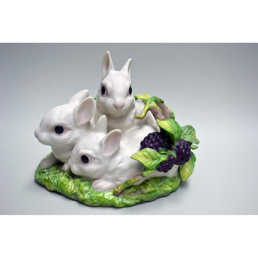CYBIS PORCELAIN BUNNIES, COTTON, PUFF AND SNOW: Bisque Porcelain Decorated. Featuring a trio of bunnies, Cotton, Puff and Snow. The Animal Kingdom & Woodland Collection. Design number: 6006. Retired in 1982. Artist: Cybis Issued: 1980 Dimensions: 5