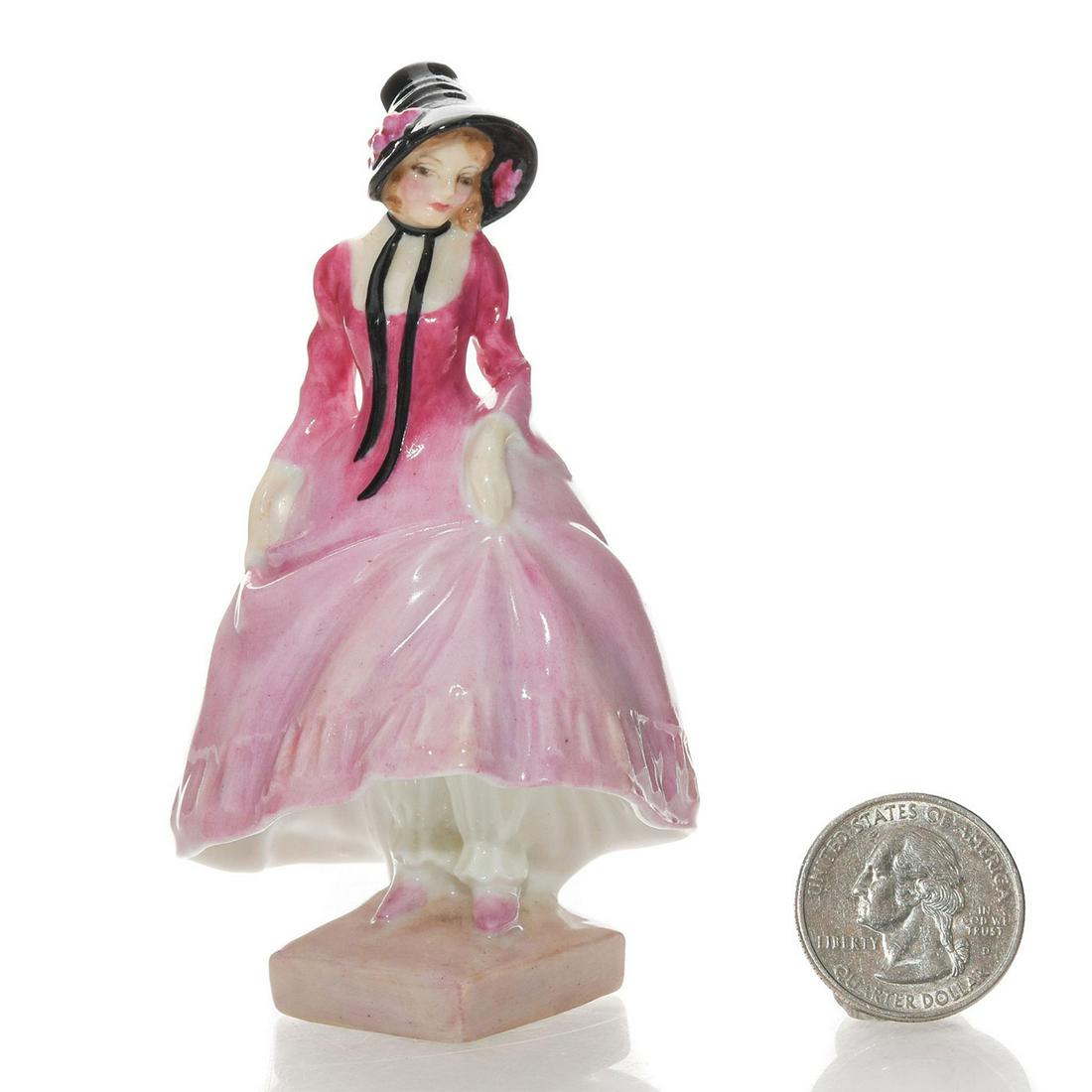 PANTALETTES M16 - ROYAL DOULTON MINI FIGURINE: Designed and hand painted by Leslie Harradine. Pink coloration. Handpainted M number. Royal Doulton backstamp. Artist: Leslie Harradine Issued: 1932 - 1945 Dimensions: 3.75"H Manufacturer: Royal Doult