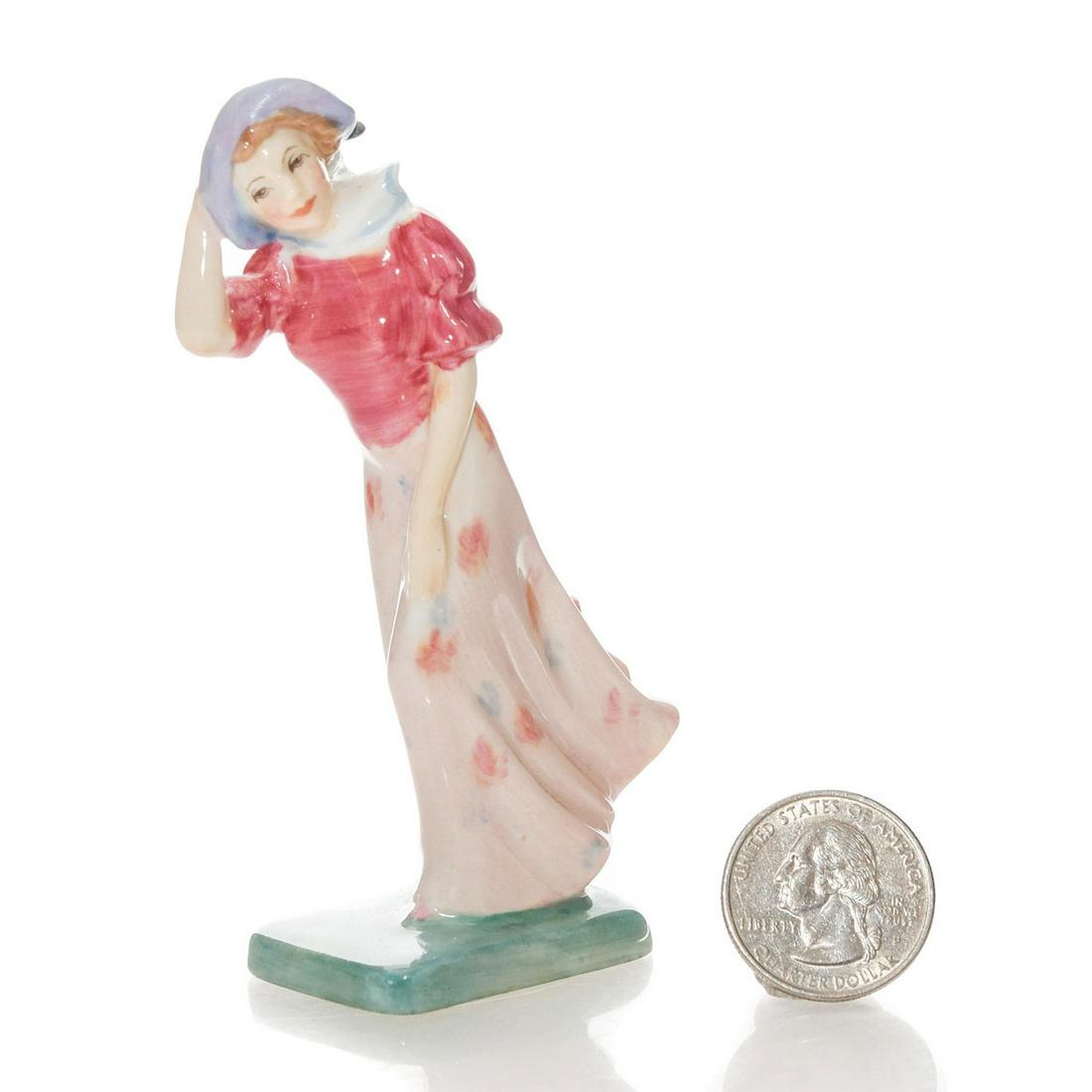 WINDFLOWER M78 - ROYAL DOULTON MINI FIGURINE: Designed and hand painted by Leslie Harradine. Red and pink coloration. Handpainted M number. Royal Doulton backstamp. Artist: Leslie Harradine Issued: 1939 - 1949 Dimensions: 4"H Manufacturer: Royal 