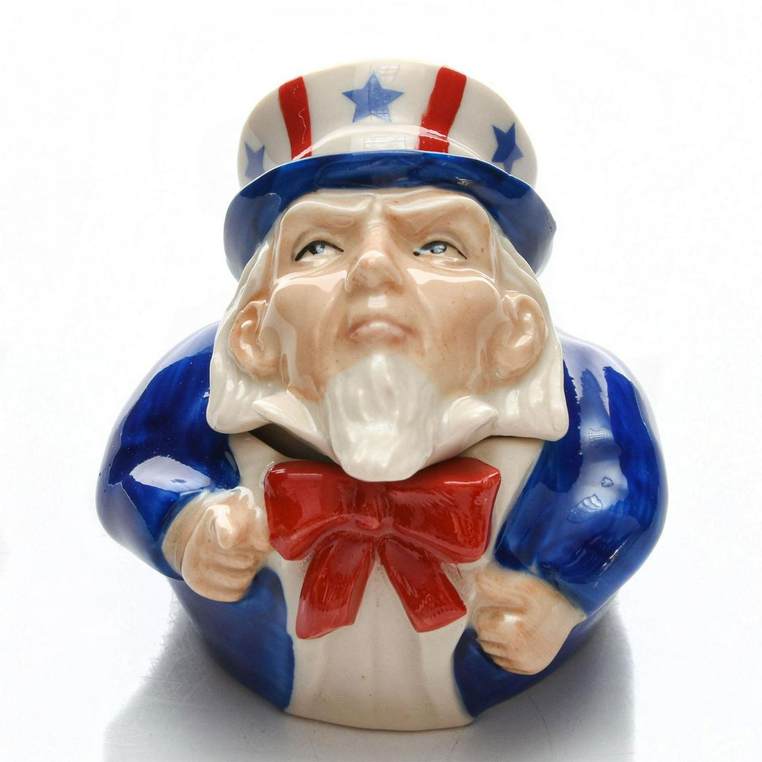KEVIN FRANCIS FACE POT, UNCLE SAM: Lidded, with original box. Includes certificate of authenticity. Interior marked UNCLE SAM I WANT YOU. Hand made and hand painted, produced by Peggy Davies ceramics. Kevin Francis backstamp. Artist: K