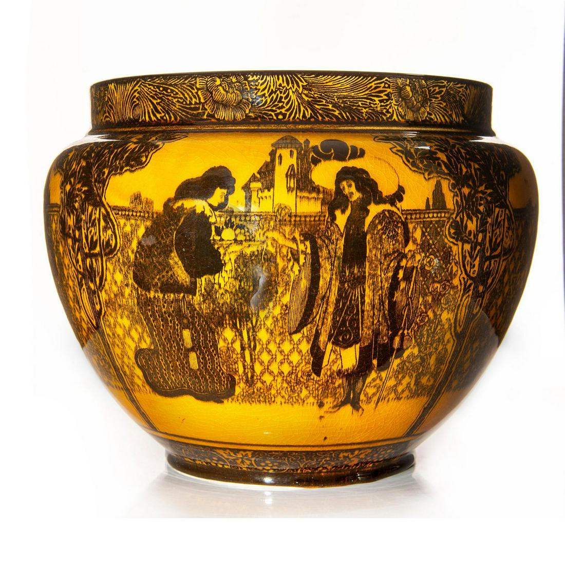 RARE DOULTON BURSLEM MORRISIAN WARE JARDINIERE POT: Holbein glaze, with images of Art Nouveau Eastern Figures. Named for renowned artist and designer, William Morris. The pot has been finished in Holbein glaze and decorated in black transferware Art No
