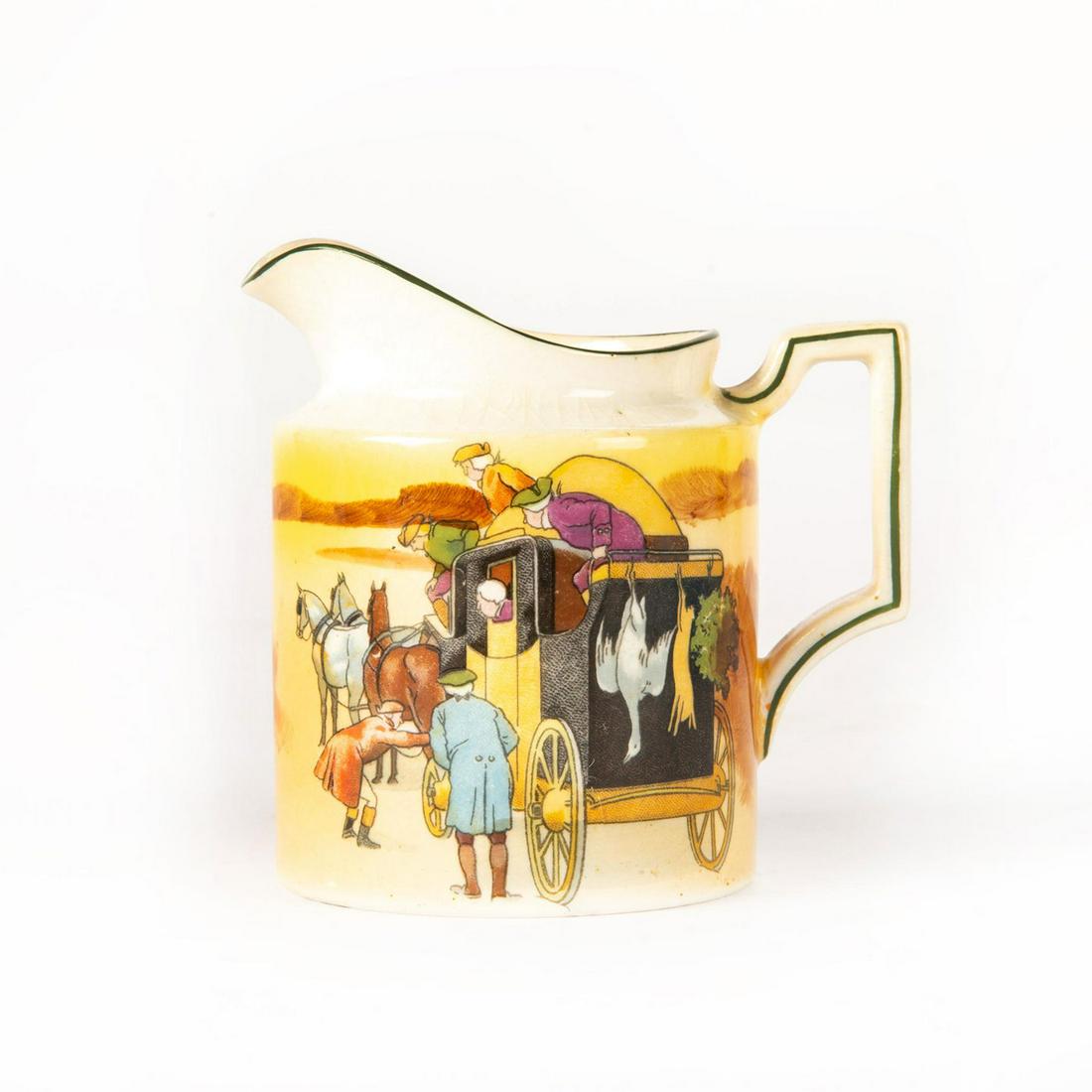 ROYAL DOULTON SERIESWARE CREAMER COACHING DAYS: Scene of tightening the harness, goose, hare hanging from coach. Age related crazing. Royal Doulton backstamp. Artist: Victor Venner Issued: 1905 Dimensions: 3.5"H Manufacturer: Royal Doulton Country