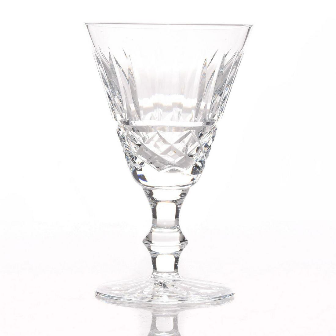 9 WATERFORD CRYSTAL GLENMORE SHERRY GLASSES: Cut glass wine set; Glenmore pattern. Etched Waterford on base. Traditional party accents. Wear to glass. As-is. Issued: 20th c. Dimensions: 5"H, each Manufacturer: Waterford Crystal Country of Origin
