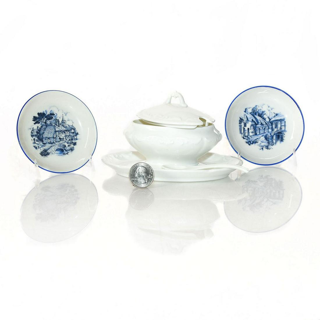 LIMOGES LIDDED CERAMIC SALT CELLAR, 2 DELFT SMALL: Salt cellar includes matching porcelain spoon. Stamped Limoges France / DELFT to bottom. Issued: 20th c. Dimensions: 5.5"L, longest Manufacturer: Delft Country of Origin: France, Denmark