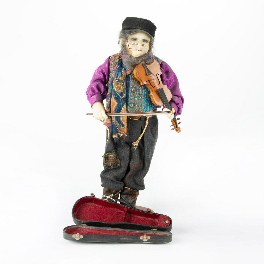 VERY RARE LARGE CADENA STUDIOS FIDDLER ON THE ROOF DOLL: Doll with miniature violin including case. Issued: 20th c. Dimensions: 24"H Manufacturer: Cadena Studios Country of Origin: United States Provenance: David Farin Collection