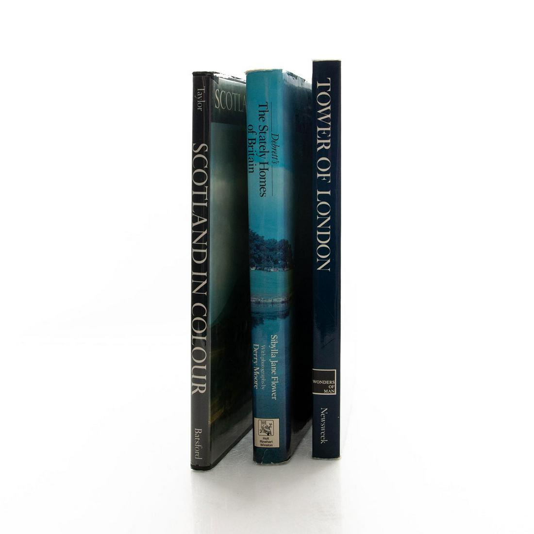 3 BOOKS, VARIOUS BRITISH SUBJECTS: Various titles and authors. TOWER OF LONDON BY CHRISTOPHER HIBBERT 172 pp, 11.75"H x 9.25"W, 1971 Newsweek; DEBRETTS STATELY HOMES OF BRITAIN 240 pp, 11.25"H x 2.75"W, 1982 Holt Rinehart; SCOTLAND IN 