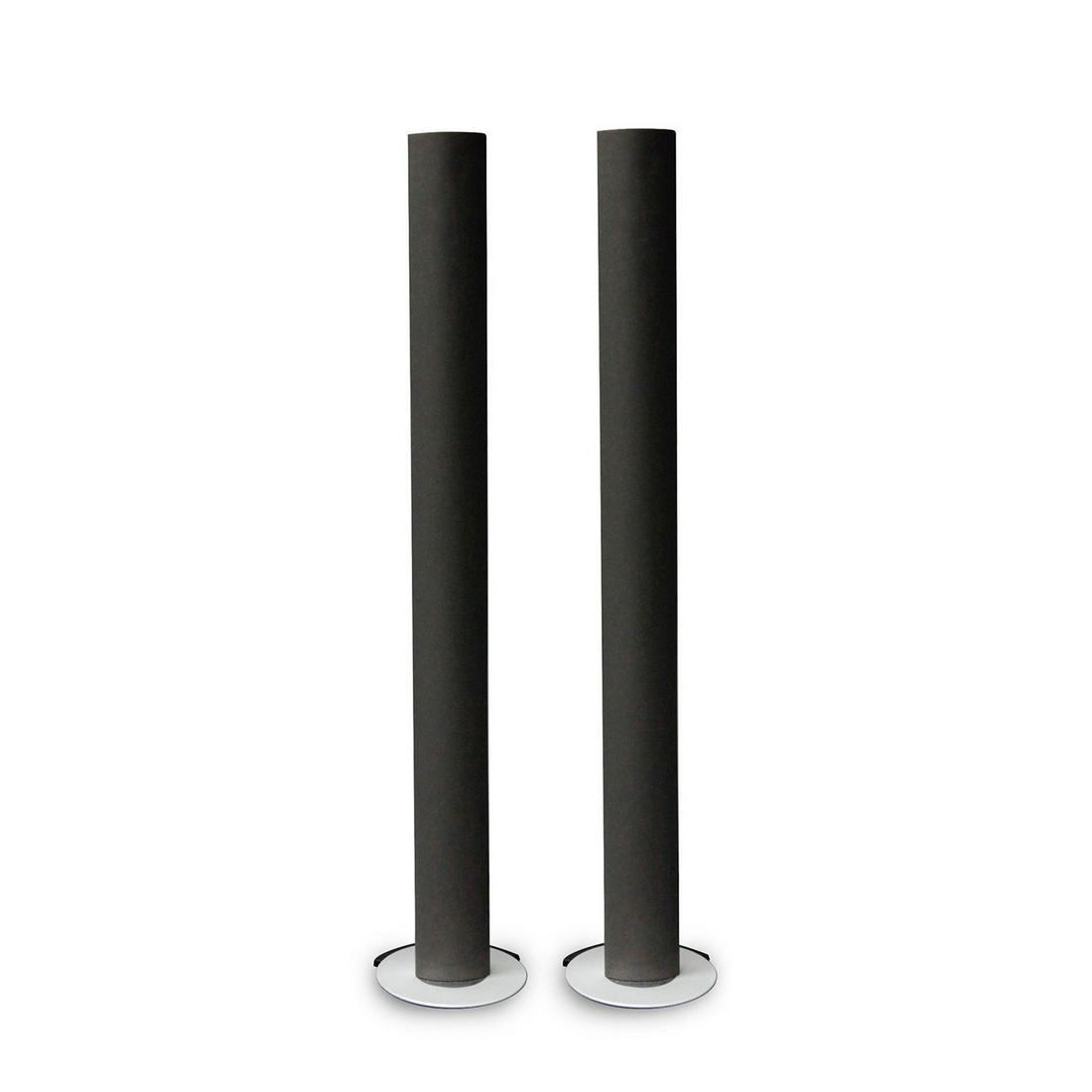 PAIR, BANG & OLUFSEN BEOLAB 6000 CHROME & GRAY COLUMN: Two high end Danish manufactured aluminum spire audio speakers. A pair of ultra-modern, powered B&O Beolab 6000 active column loudspeakers, chrome with gray speaker covers, two bass drivers, a dome tw