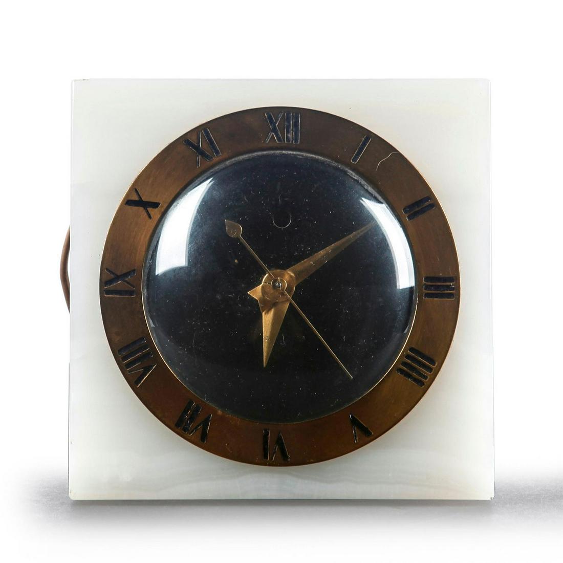 VINTAGE ART DECO WARREN TELECHRON MANTLE CLOCK: Model 4F55. Exemplary 1930s electric timepiece, marble housing. Issued: c. 1930 Dimensions: 5.5"H x 5.5"L Manufacturer: Warren Telechron Clock Company Country of Origin: United States