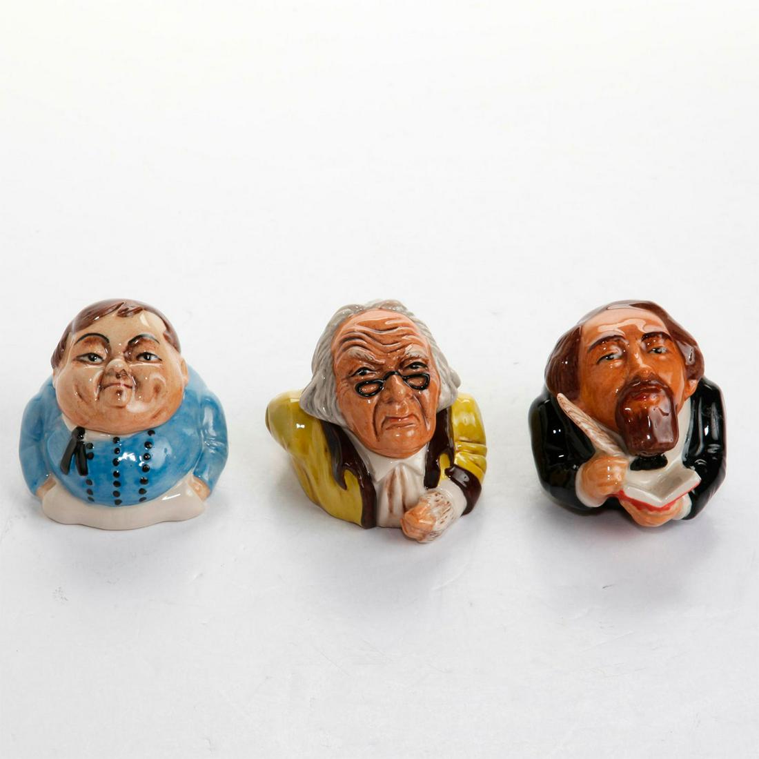 3 KEVIN FRANCIS CHARACTER FACE POTS: Fat Boy, Charles Dickens, Scrooge. Marked Kevin Francis on bottom. Issued: 20th c. Dimensions: 2.5"H, tallest Manufacturer: Kevin Francis Country of Origin: England