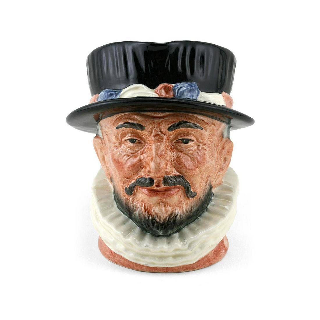 BEEFEATER ER D6206 - LARGE - ROYAL DOULTON CHARACTER: Royal Doulton Character Jug, Beefeater ER D6206 (black hat, white ruff, pink tunic, pink ER on handle). Designed by Harry Fenton, Series: The London Collection, issued 1953 - 1978. Size: 6.5"H (Large)