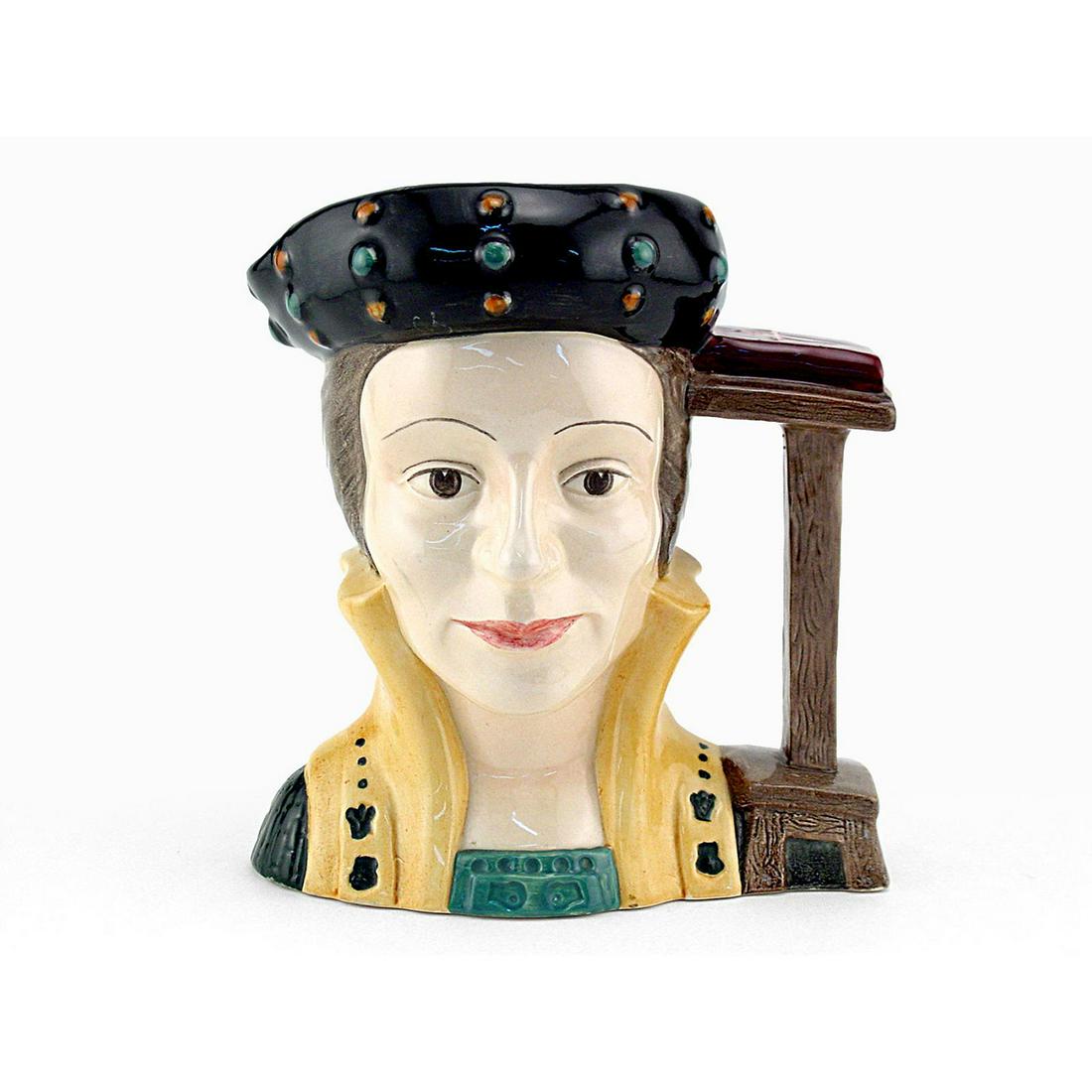 CATHERINE PARR D6664 - LARGE - ROYAL DOULTON CHARACTER: Royal Doulton Character Jug, Catherine Parr D6664 (black, brown and gold coloration). Designed by Michael Abberley. Series: Henry VIII and His Six Wives; Royalty, issued 1981 - 1989. Size:6.75"H (Larg
