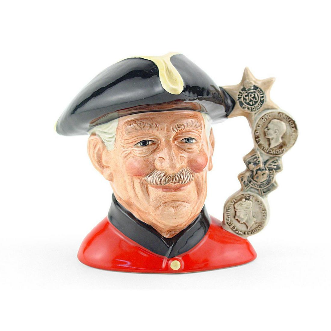 CHELSEA PENSIONER D6830 (HORNES BACKSTAMP) - LARGE -: Royal Doulton Character Jug, Chelsea Pensioner Hornes Backstamp D6830 (black tricorn trimmed with gold; scarlet tunic; black collar). Designed by Stanley J. Taylor. , issued 1988 in limited edition of