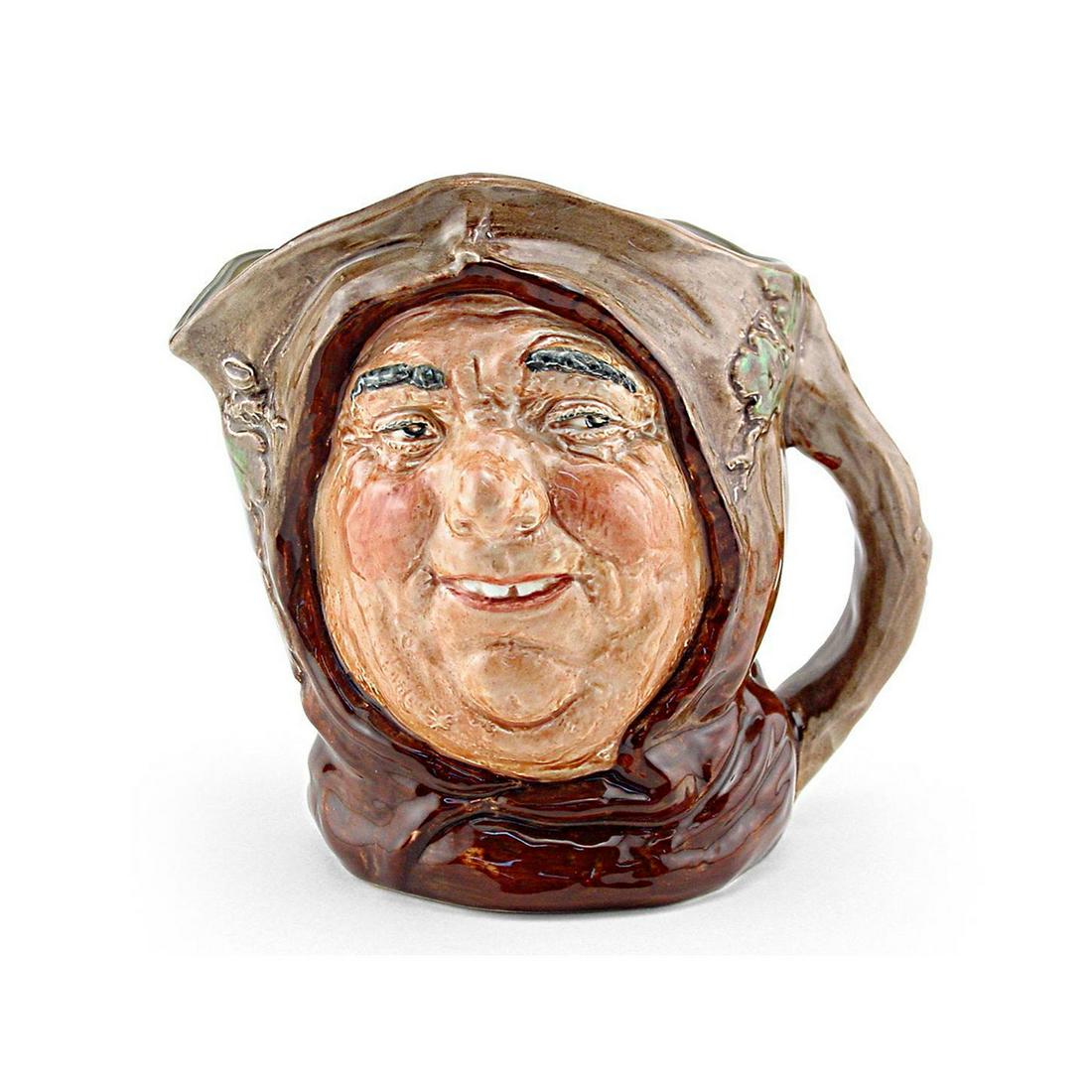 FRIAR TUCK D6321 - LARGE - ROYAL DOULTON CHARACTER JUG: Royal Doulton Character Jug, Friar Tuck D6321 (light and dark brown robes, green oak leaves). Designed by Harry Fenton, issued 1951 - 1960. Size: 7"H (Large)Fat and jolly and fond of drink, Friar Tuck