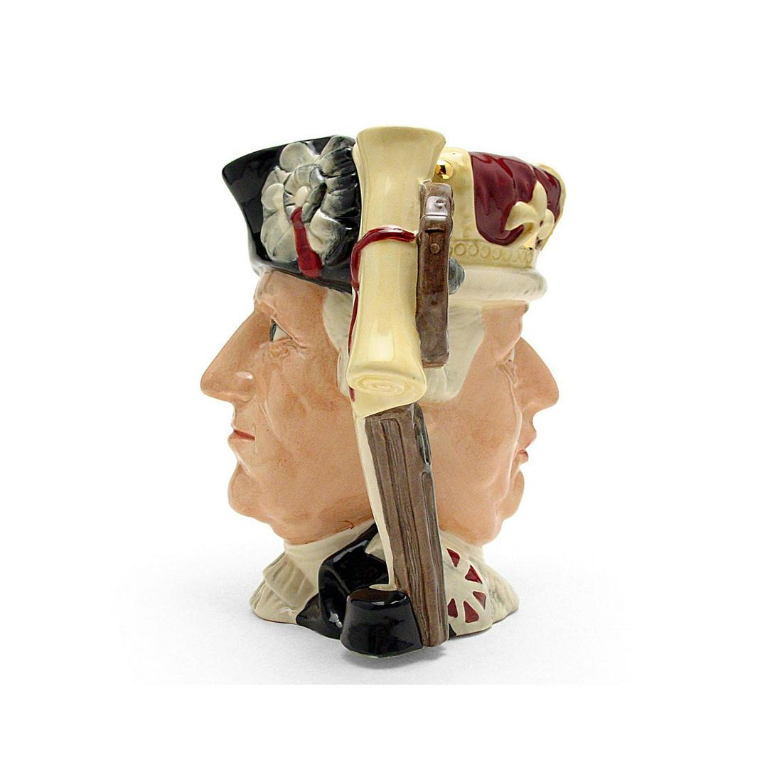 GEORGE III & GEORGE WASHINGTON D6749 - LARGE - ROYAL: Royal Doulton Character Jug, George III/George Washington D6749 (red crown, black hat). Designed by Michael Abberley. Series: The Antagonists' Collection; Royalty, issued 1986 in limited edition of 9,
