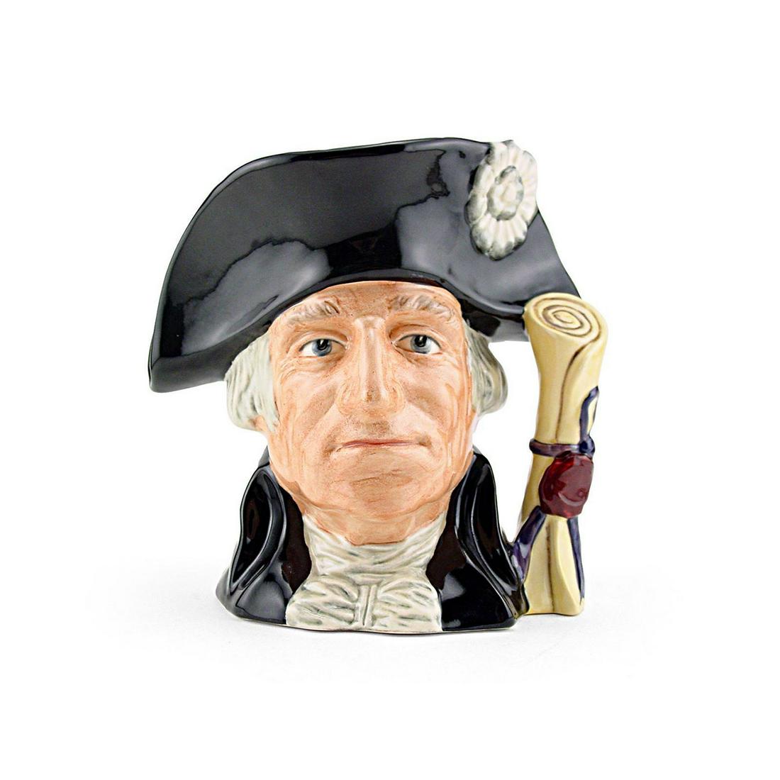 GEORGE WASHINGTON D6669 - LARGE - ROYAL DOULTON: Royal Doulton Character Jug, George Washington D6669 (black hat and coat, beige shirt). Designed by Stanley J. Taylor, issued 1982 - 1994. Size: 7.5"H (Large)As commander-in-chief of the American Stat