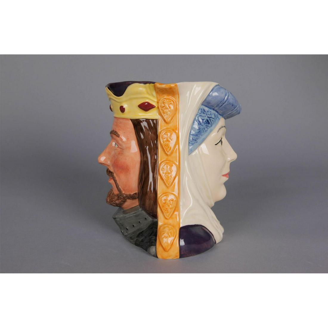 KING ARTHUR AND GUINEVERE D6836 - LARGE - ROYAL DOULTON: Royal Doulton Character Jug, King Arthur/Guinevere double-face D6836 (blue-grey, yellow and white coloration). Designed by Stanley J. Taylor. Series: The Star-Crossed Lovers Collection (two-faced jugs
