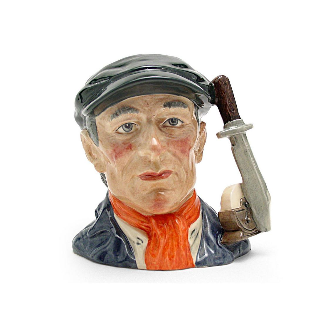LITTLE MESTER D6819 - LARGE - ROYAL DOULTON CHARACTER: Little Mester D6819 (black cap, blue jacket, white shirt, red scarf). Designed by Stanley J. Taylor, issued 1988 in special edition of 3,500. Size: 6.75"H (Large)This jug was modeled on the likeness o