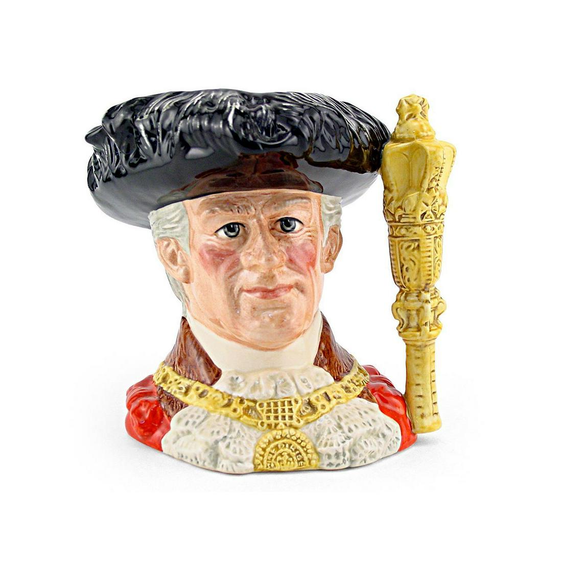 LORD MAYOR OF LONDON D6864 - LARGE - ROYAL DOULTON: Royal Doulton Character Jug, Lord Mayor of London D6864 (black plume hat, red cloak, yellow chain of office). Designed by Stanley J. Taylor. Series: The London Collection, issued 1990 - 1991. Size: 7.