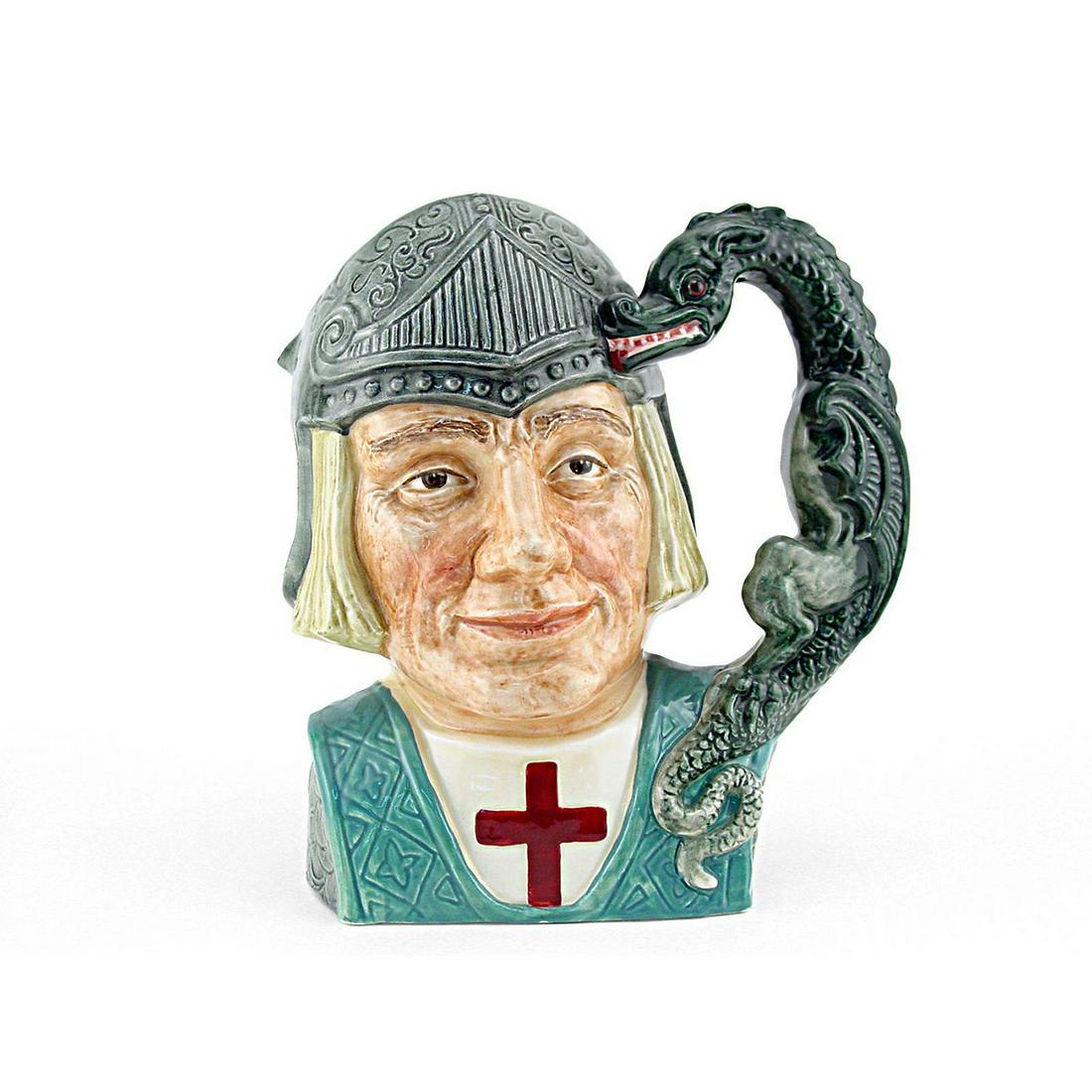 ST GEORGE D6618 - LARGE - ROYAL DOULTON CHARACTER JUG: St. George D6618 (grey helmet, turquoise armor). Designed by Max Henk, issued 1968 - 1975. Size: 7.5"H (large)This patron saint of England since the 13th century, George is the hero of a legend which 
