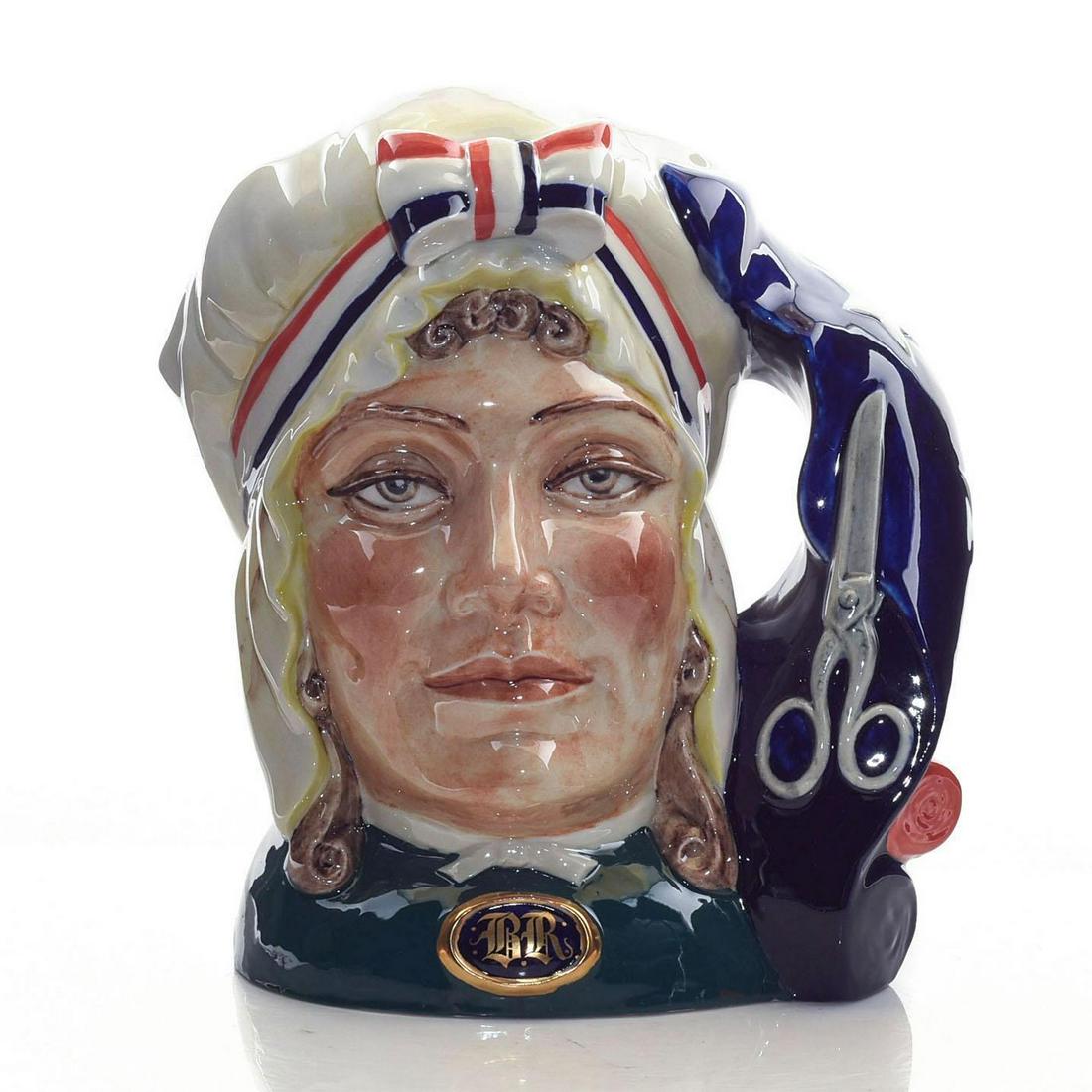 PEGGY DAVIES LARGE LIMITED EDITION JUG, BETSY ROSS: 250 produced. Cobalt blue. American flag handle. Stamped to base. A rare Peggy Davies Studios large Betsy Ross Character Jug, produced as part of an American Patriots series. Cobalt blue and green wit
