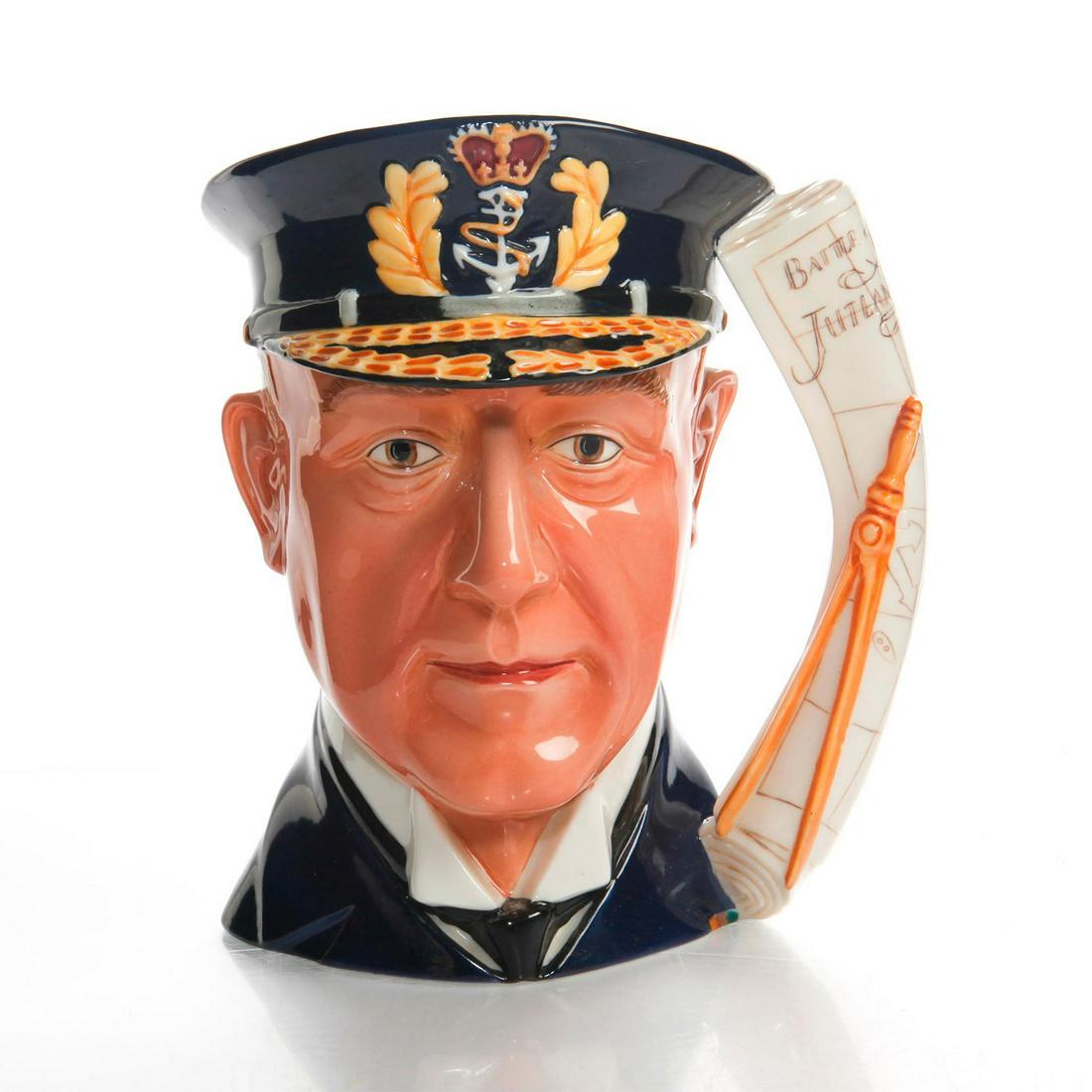 LG MARITIME TRUST CHARACTER JUG, ADMIRAL LORD JELLICOE: Jug depicts famous British naval officer. Signed to bottom. Artist: Gerald Embleton Issued: 1984 Dimensions: 8"H Manufacturer: The Franklin Porcelain Studio Country of Origin: Malaysia