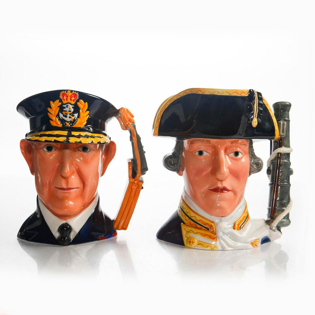 2 LG FRANKLIN PORCELAIN MARITIME TRUST CHARACTER JUGS: Admiral Lord Cunningham and Admiral Lord Hood. Fine Porcelain. Franklin Porcelain backstamp. Issued: 20th c. Dimensions: 8"H, tallest Manufacturer: Franklin Porcelain Country of Origin: Malaysia