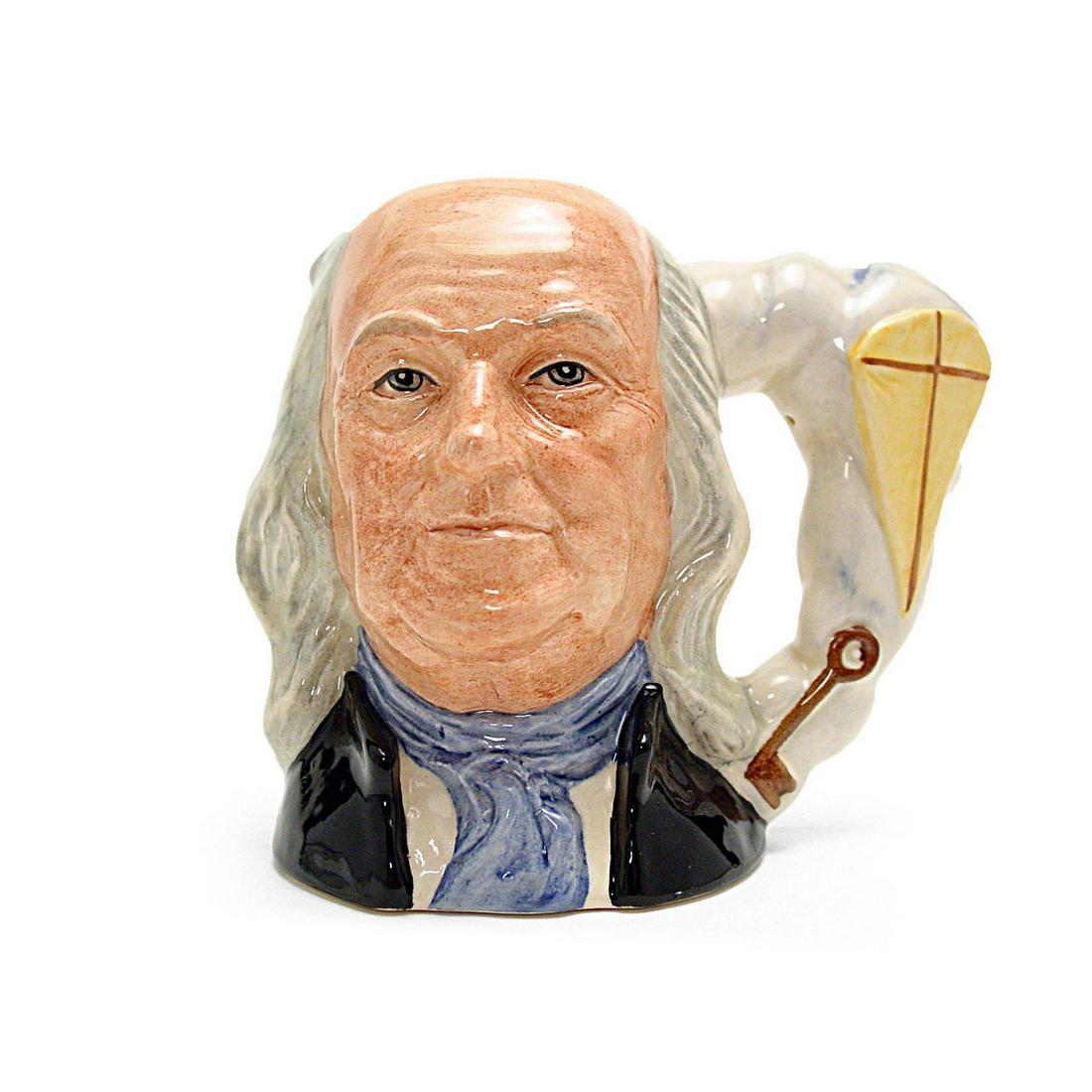 BEN FRANKLIN D6695 - SMALL - ROYAL DOULTON CHARACTER: Royal Doulton Character Jug, Ben Franklin D6695 (black coat; white shirt; blue scarf). Designed by Eric Griffiths, issued 1982 -1989. Size: 4"H (small) An American publicist , scientist and statesman 