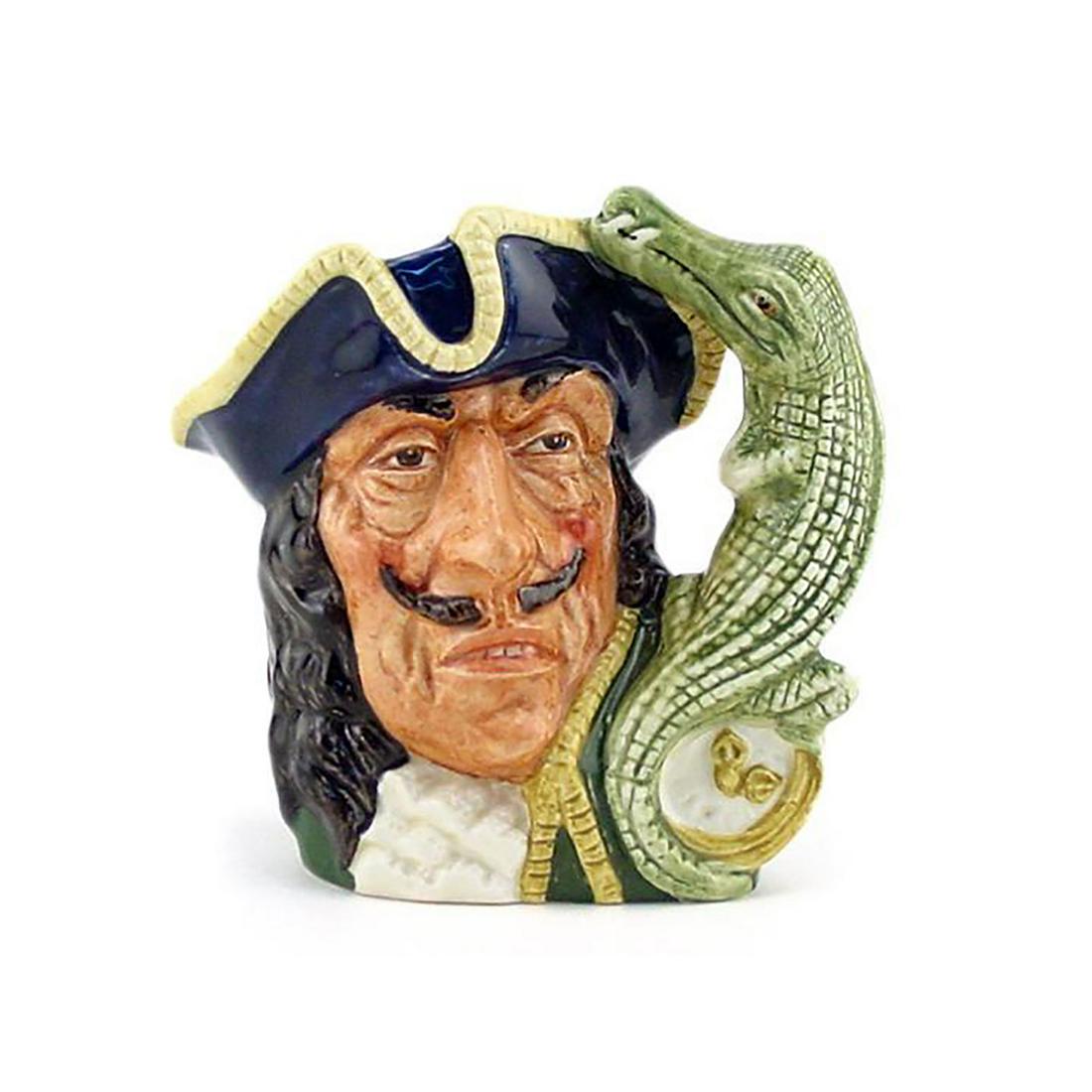 CAPT HOOK D6601 - SMALL - ROYAL DOULTON CHARACTER JUG: Royal Doulton Character Jug, Captain Hook Old D6601(blue tricorn trimmed with yellow; green coat trimmed with yellow; white ruffles at the neck). Designed by Max Henk and David B. Biggs, issued 1965 -