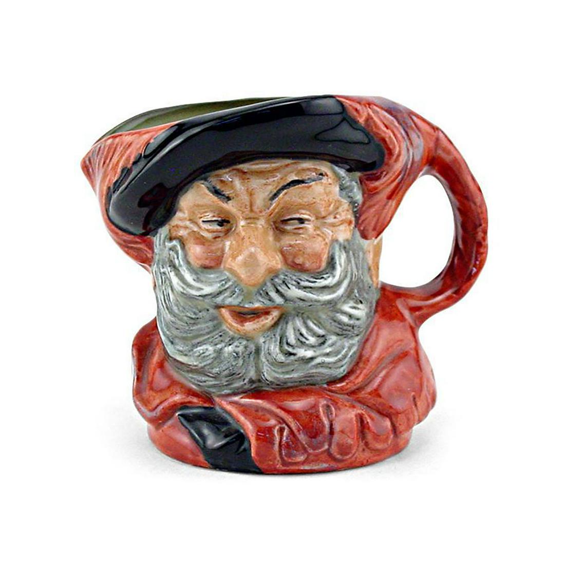 FALSTAFF D6385 - SMALL - ROYAL DOULTON CHARACTER JUG: Character From Literature Series. Rose tunic; black hat, rose plumes; grey beard. Royal Doulton backstamp. Artist: Harry Fenton Issued: 1950-1995 Dimensions: 3.5"H Manufacturer: Royal Doulton Country