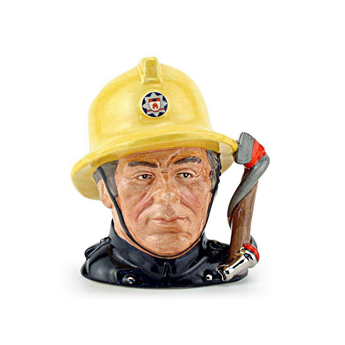 FIREMAN D6839 - SMALL - ROYAL DOULTON CHARACTER JUG: Royal Doulton Character Jug, Fireman (Axe Handle) D6839 (yellow helmet; dark blue jacket). Designed by Stanley J. Taylor. Series: Journey Through Britain, issued 1989 in limited edition of 5,000. Size