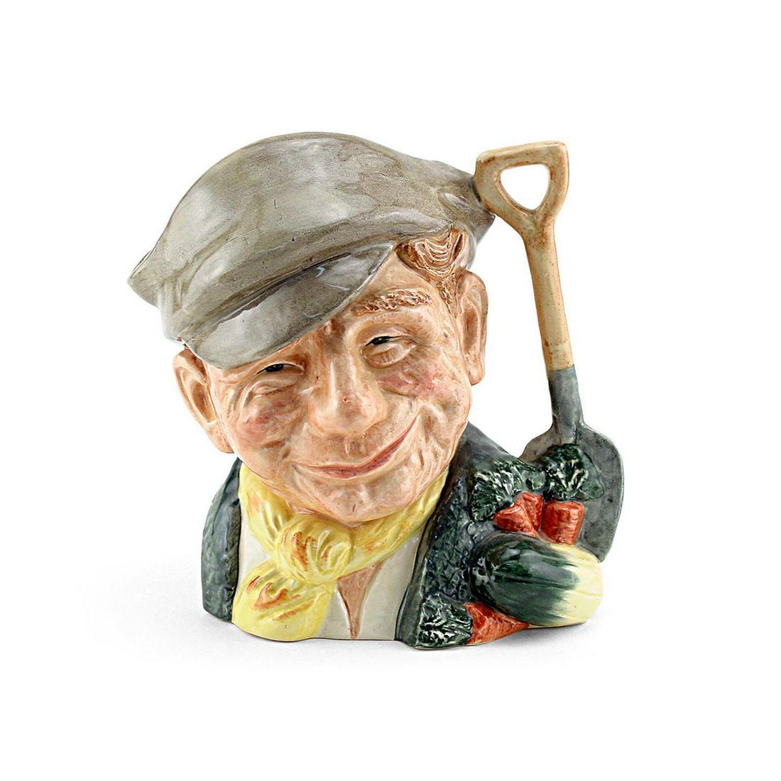 GARDENER D6634 - SMALL - ROYAL DOULTON CHARACTER JUG: Royal Doulton Character Jug, Gardener D6634 (yellow scarf; white shirt; light brown hat). Designed by David B. Biggs, issued 1973 - 1981. Size: 4"H (Small) Manufacturer: Royal Doulton Country of Orig