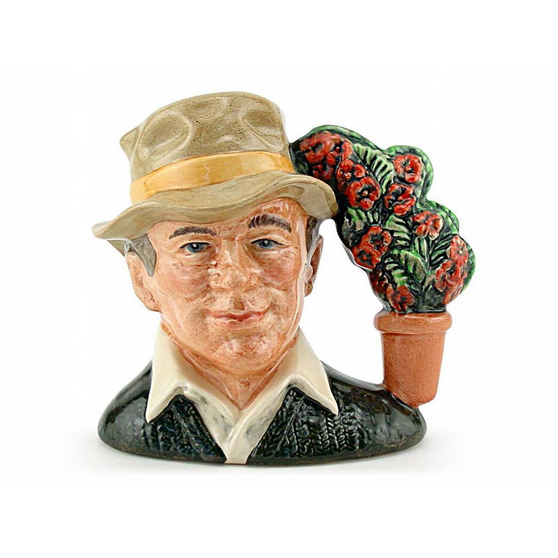 GARDENER D6868 - SMALL - ROYAL DOULTON CHARACTER JUG: Royal Doulton Character Jug, Gardener D6868 (beige hat; green sweater; beige shirt). Designed by Stanley J. Taylor. Series: Characters From Life, issued 1990 - 1995. Size: 4"H (Small) Manufacturer: Ro