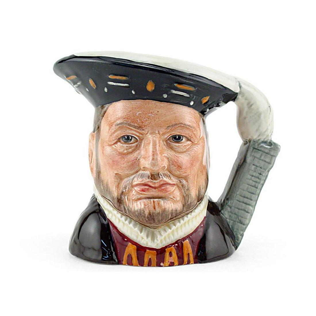 HENRY VIII D6647 - SMALL - ROYAL DOULTON CHARACTER JUG: Henry VIII D6647 (black and gold hat; white plume; brown and maroon tunic). Designed by Eric Griffiths. Series: Henry VIII and His Six Wives; Royalty, issued 1979 - 1999. Size: 3.75"H (small)Henry VII