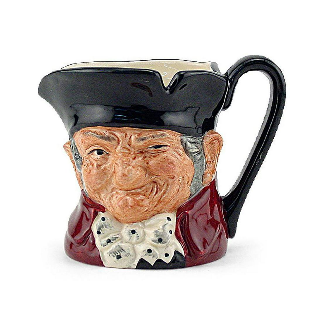 OLD CHARLEY HIGBEE D6791 - SMALL - ROYAL DOULTON: Royal Doulton Character Jug, Old Charley Colorway Higbee D6791 (black hat; maroon coat; black polka- dot bow tie). Designed by Charles Noke, issued 1987 - 1987. Size: 3.25"H (Small)"Ten o'clock and al