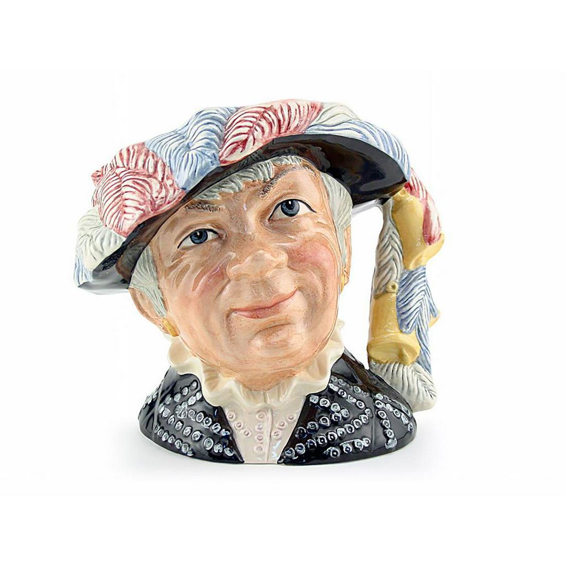 PEARLY QUEEN D6843 - SMALL - ROYAL DOULTON CHARACTER: Royal Doulton Character Jug, Pearly Queen D6843 (black coat with silver buttons; black hat with white, pink and blue feathers). Designed by Stanley J. Taylor. Series: The London Collection, issued 198