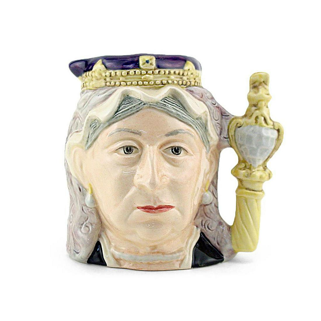 QUEEN VICTORIA D6913 - SMALL - ROYAL DOULTON CHARACTER: Royal Doulton Character Jug, Queen Victoria D6913 (dark blue and yellow crown; beige and pink veils; yellow jewel in scepter). Designed by Stanley J. Taylor. Series: Royalty, issued 1992 in special ed