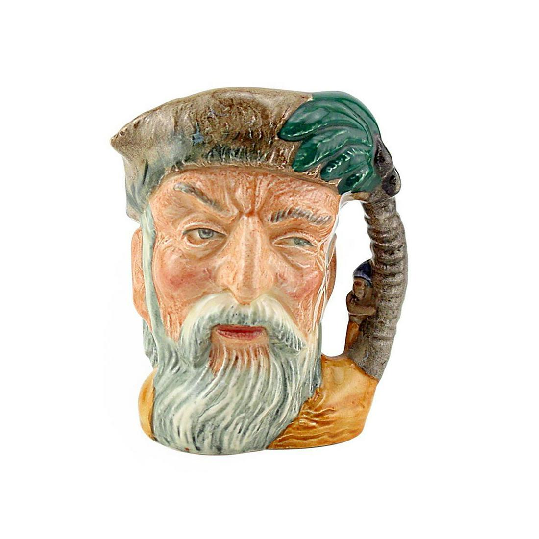 ROBINSON CRUSOE D6539 - SMALL - ROYAL DOULTON CHARACTER: Robinson Crusoe D6539 (brown and green coloration). Designed by Max Henk. Series: Characters from Literature, issued 1960 - 1982. Size: 4"H (Small) In 1719, Daniel Defoe wrote "Robinson Crusoe," based