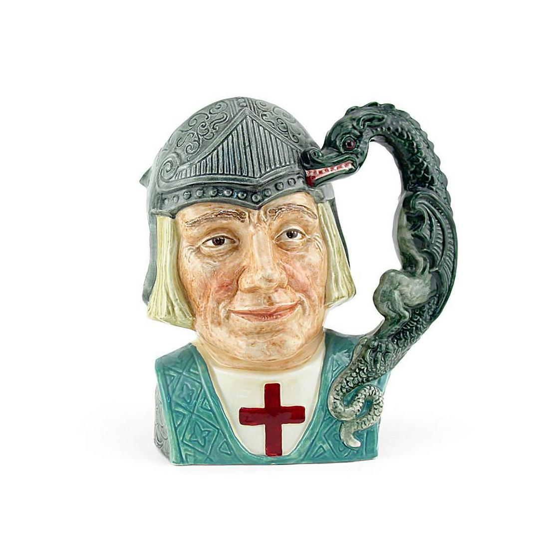 ST GEORGE D6621 - SMALL - ROYAL DOULTON CHARACTER JUG: Royal Doulton Character Jug, St. George D6621 (grey helmet; turquoise armor). Designed by Max Henk, issued 1968 - 1975. Size: 3.75"H (small)This patron saint of England since the 13th century, George 