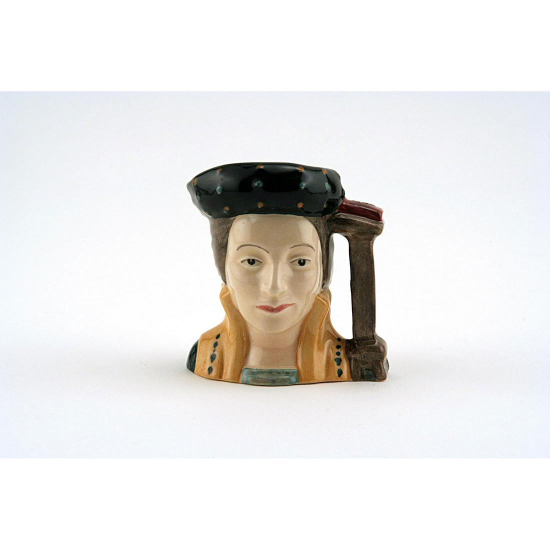 CATHERINE PARR D6752 - MINI - ROYAL DOULTON CHARACTER: Royal Doulton Character Jug, Catherine Parr D6752 (black, brown and gold coloration). Designed by Michael Abberley. Series: Henry VIII and His Six Wives; Royalty, issued 1987 - 1989. Size: 2.5"H (mini