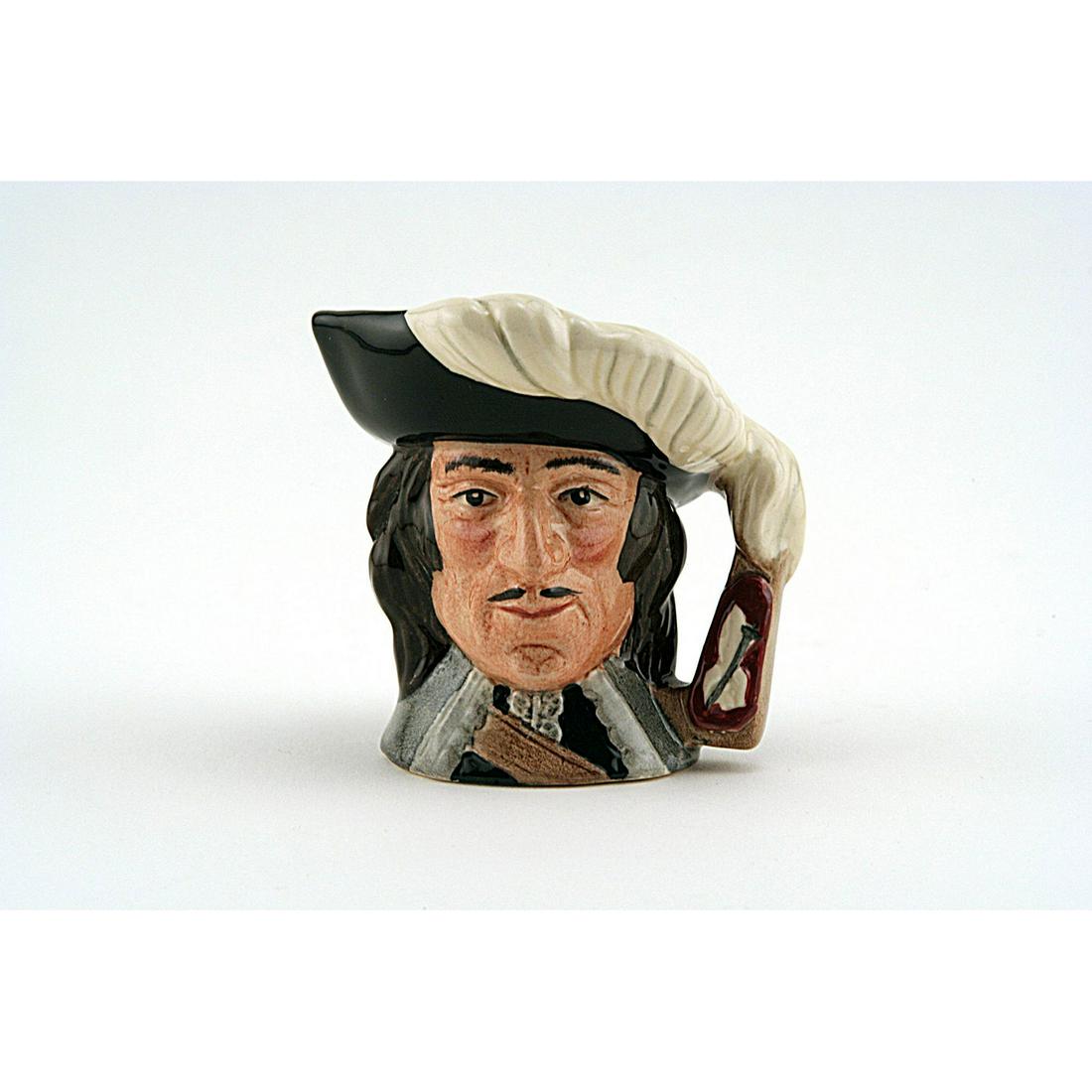 D ARTAGNAN D6765 - MINI - ROYAL DOULTON CHARACTER JUG: Royal Doulton Character Jug, D'Artagnan D6765 (black hat trimmed with white feathers; white lace collar). Designed by Stanley J. Taylor. Series: The Three Musketeers; Characters from Literature, issue
