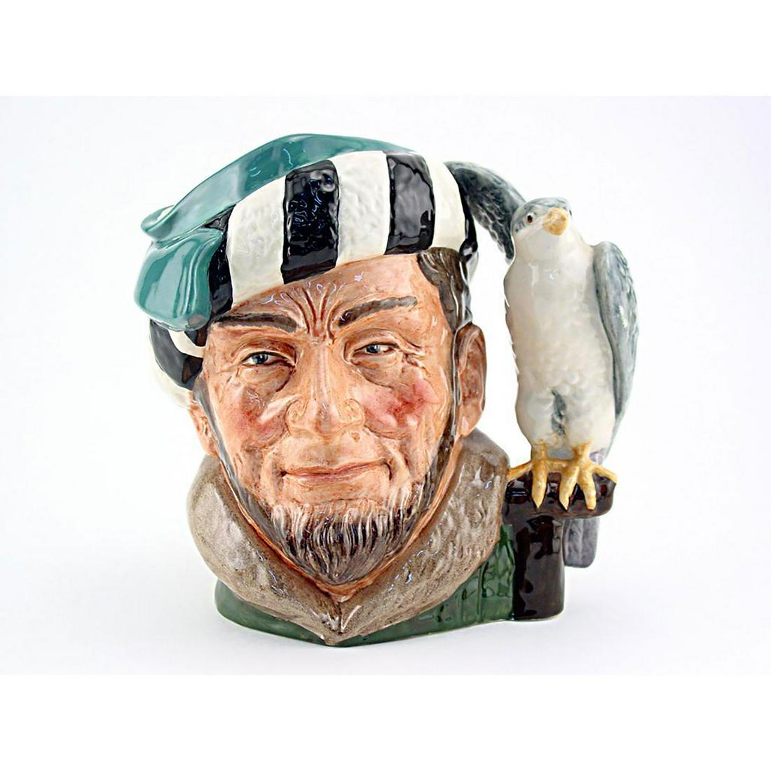 FALCONER D6547 - MINI - ROYAL DOULTON CHARACTER JUG: Royal Doulton Character Jug, Falconer D6547 (green with black and white striped fur hat; green coat; grey and white falcon). Designed by Max Henk, issued 1960 -1991. Size: 2.75"H (mini)Once called the
