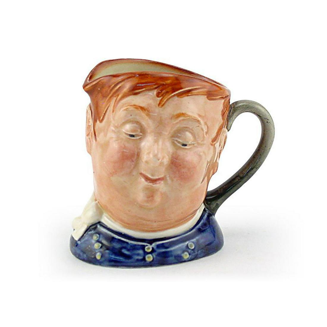 FAT BOY D6139 - MINI - ROYAL DOULTON CHARACTER JUG: Royal Doulton Character Jug, Fat Boy D6139 (blue shirt; white scarf). Designed by Leslie Harradine and Harry Fenton, issued 1940 - 1960. Size: 2.5"H (mini)Another wonderful Dickens character, Joe, the