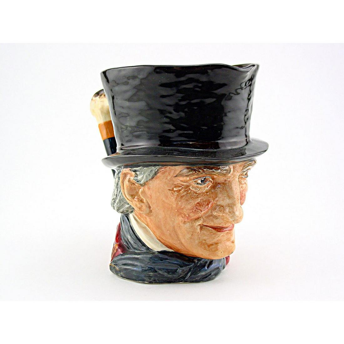 JOHN PEEL D6130 (ORANGE AND BLACK HANDLE) - MINI -: Royal Doulton Character Jug, John Peel Orange & Black Handle Mini D6130 (dark grey hat; maroon coat; dark blue bow tie; black and orange riding crop). Designed by Harry Fenton, issued c.1947- unknown.