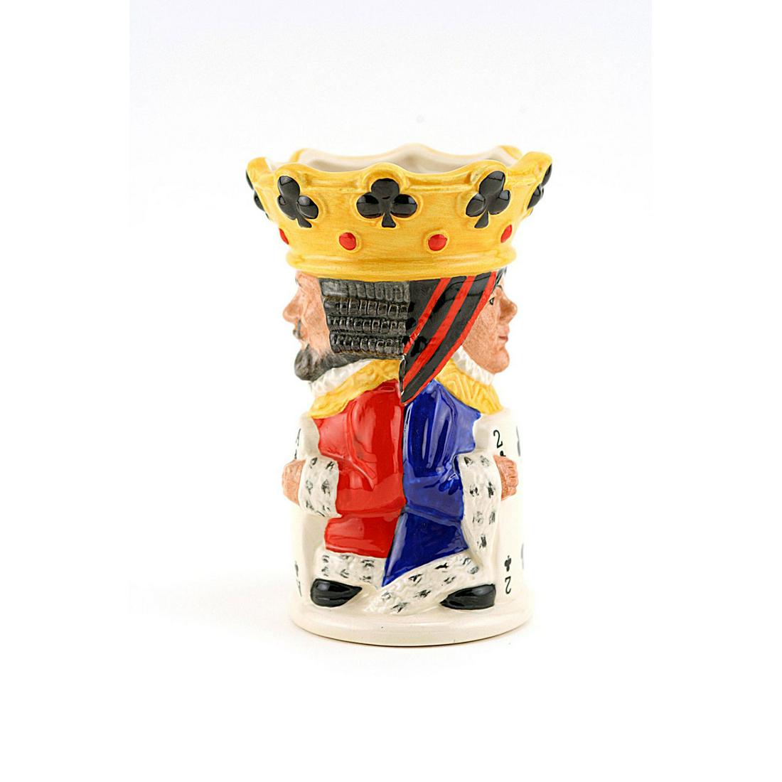 KING AND QUEEN CLUBS D6999 - ROYAL DOULTON TOBY JUG: Royal Doulton Toby Jug, King/Queen Clubs D6999 (King in red; Queen in blue; both wear yellow crowns). Designed by Stanley J. Taylor. Series: Suites from Playing Cards; Two-sided Tobies, issued 1995 in
