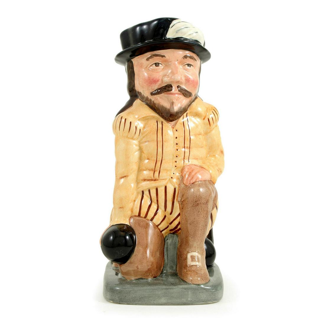 SIR FRANCIS DRAKE LARGE D6660 - ROYAL DOULTON TOBY JUG: Royal Doulton Toby Jug, Sir Francis Drake Large D6660 (black hat with white feather; yellow with brown tunic; tan boots). Designed by Michael Abberley, issued 1981 - 1991. Size: 9''H (large) - Men of