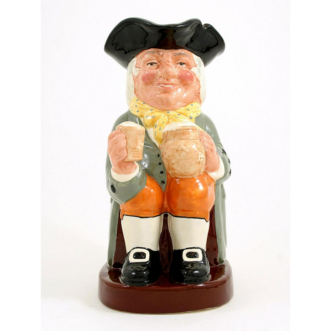 HAPPY JOHN D6031 LARGE - ROYAL DOULTON TOBY JUG: Royal Doulton Toby Jug, Happy John Large D6031 (black hat; light green coat; yellow scarf with blue polka dots; orange breeches). Designed by Harry Fenton, issued 1939 -1991. Size: 8.5''H (large) - En