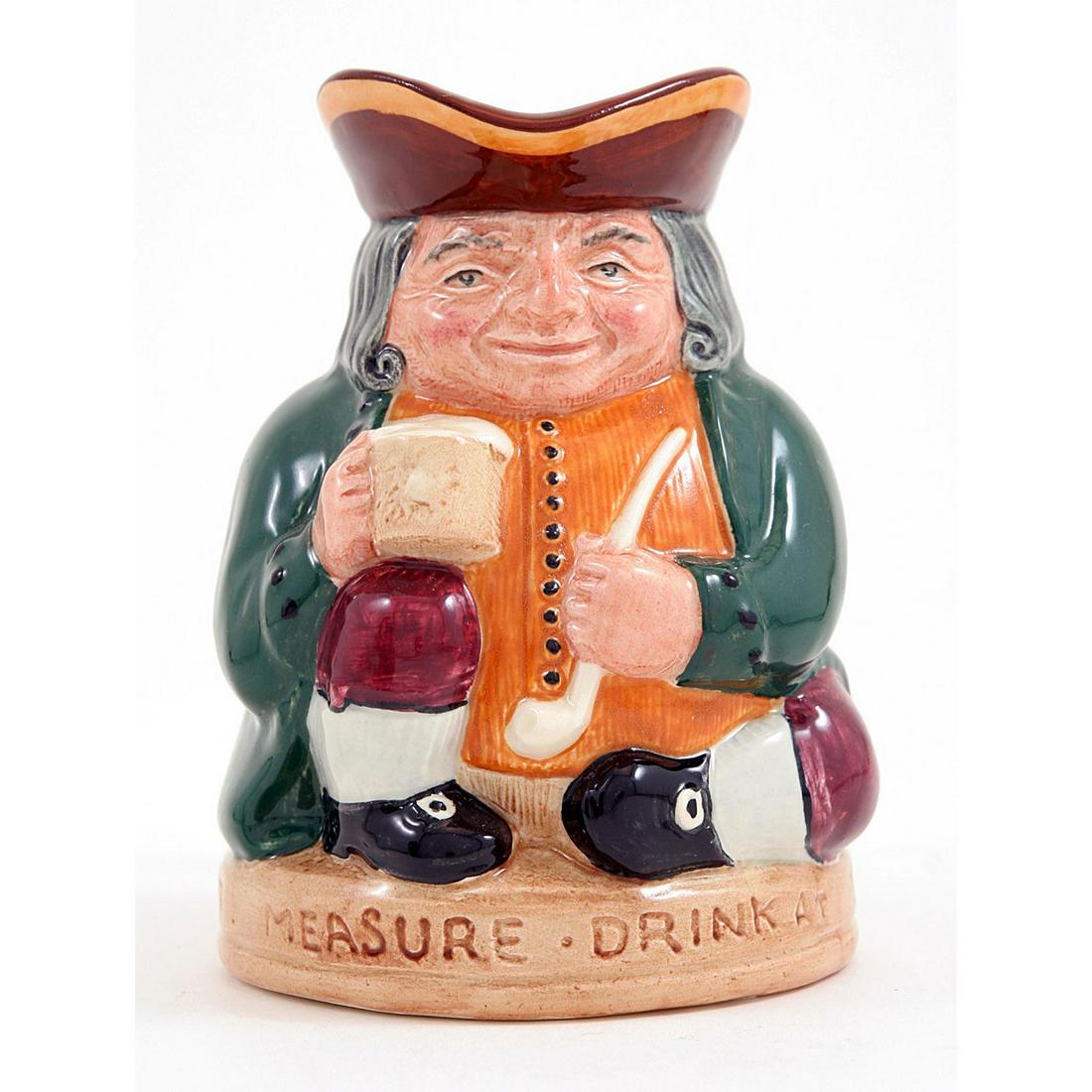 HONEST MEASURE SMALL D6108 - ROYAL DOULTON TOBY JUG: Royal Doulton Toby Jug, Honest Measure Small D6108 (green coat; orange waistcoat with black buttons; burgundy breeches; brown hat with gold trim). Designed by Harry Fenton, issued 1939 - 1991. Size: 4