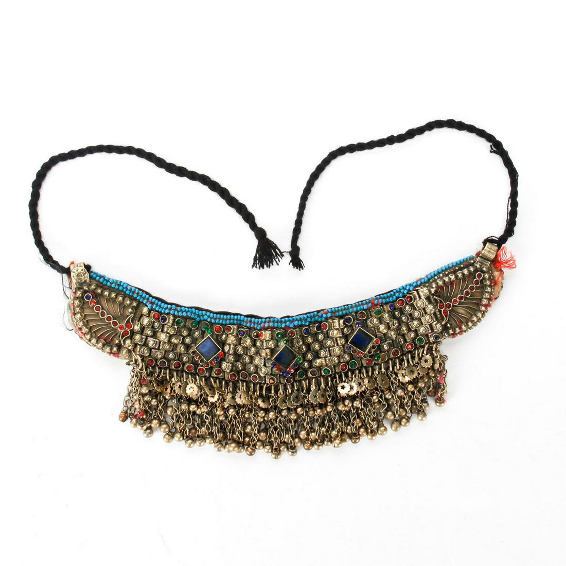 20TH C. KUCHI TRIBAL BELLY DANCE CHOKER NECKLACE: Inset with green, red, blue beads, w. hanging adornments. Issued: 20th c. Dimensions: 11"L, decorated portion Country of Origin: Afghanistan/Pakistan